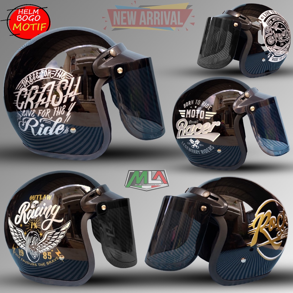 HELM BOGO CLASSIC MOTIF KACA DATAR INJAK HITAM SMOKE MURAH HELM SNI PREMIUM UNTUK PRIA DAN WANITA DEWASA COD