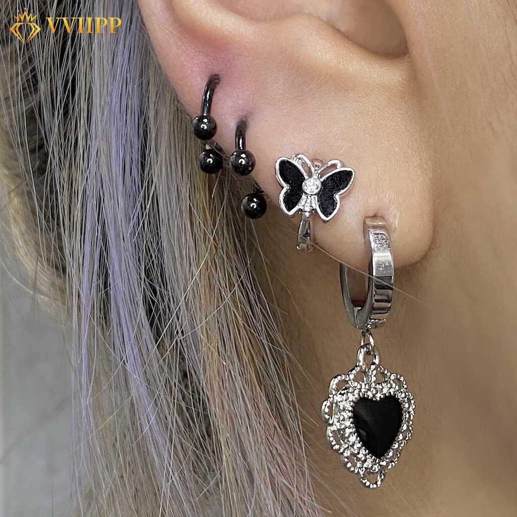 4pcs / Set Anting Klip Telinga Bentuk Kupu-Kupu Hati Warna Hitam Gaya Retro Untuk Wanita