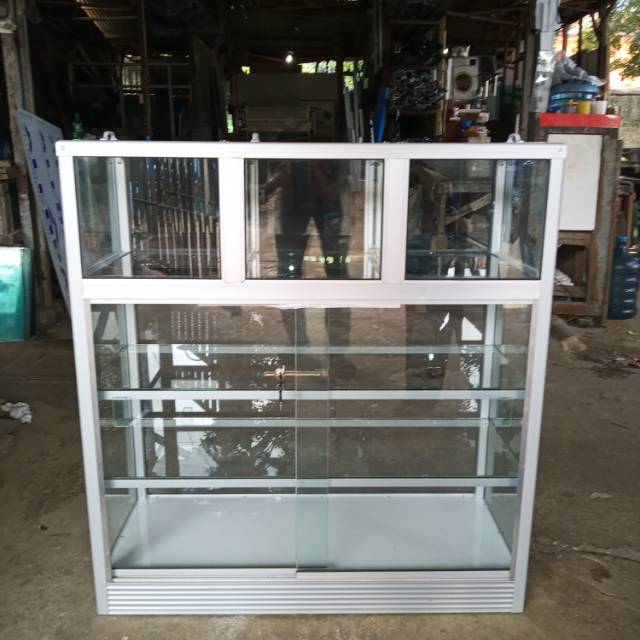 Etalase Tempat Beras 3 Kotak dengan Rangka Aluminium dan Kaca, Panjang 100 cm, Khusus Jabodetabek
