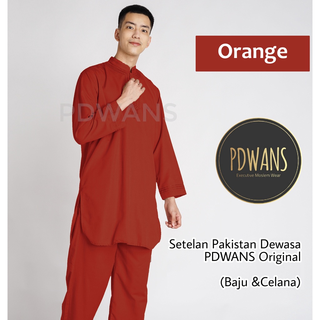 SETELAN PAKISTAN DEWASA Seri WARNA Baju Koko Bordir Muslim BAJU UMROH Pria - PDWANS PAKISTAN-WRN-ORANGE