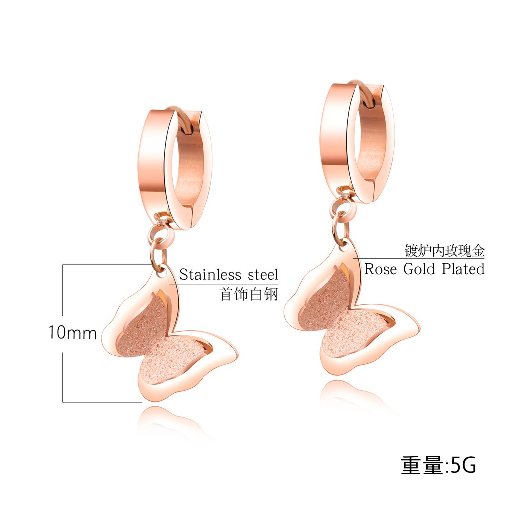 Anting Titanium Rose Gold Asli Wanita Fashion Anti Karat Murah AA012 motif kupu juntai bawah bagus