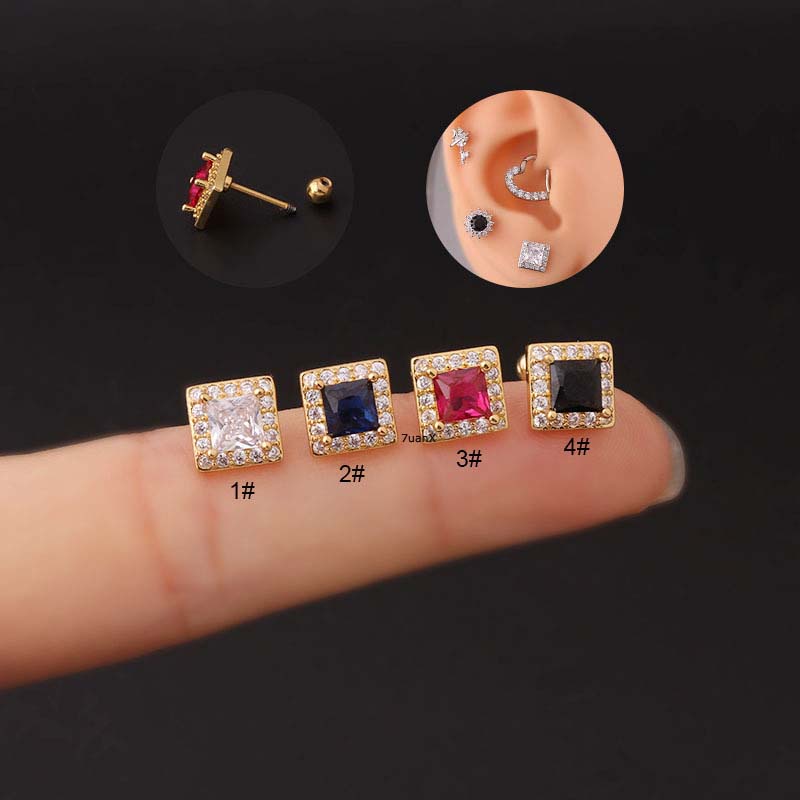 1 Pc Anting Stud Zircon Bentuk Kotak Ukuran 20Gauge Untuk Wanita