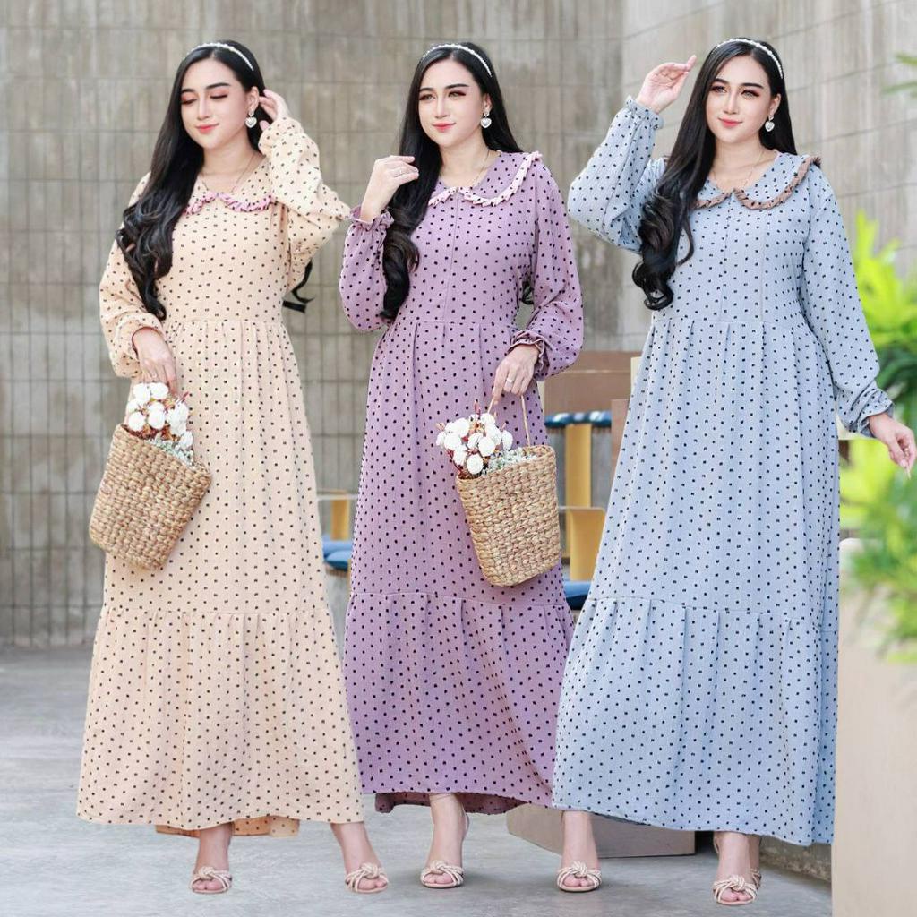 Gamis Wanita Terbaru Bahan Rayon Motif Polkadot Midi Dress Muslim Korean Style Kekinian