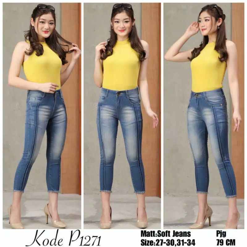 Celana Jeans 7/9 wanita two line skinny softjeans stretch melar robek rawis murah original bunbe