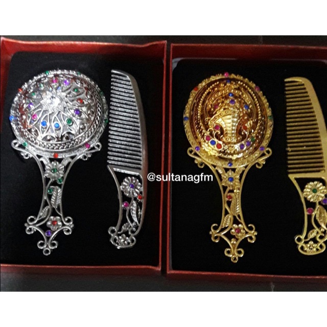 Cermin sisir gold gift box set hampers souvenir oleh oleh haji umroh sisir cermin arab