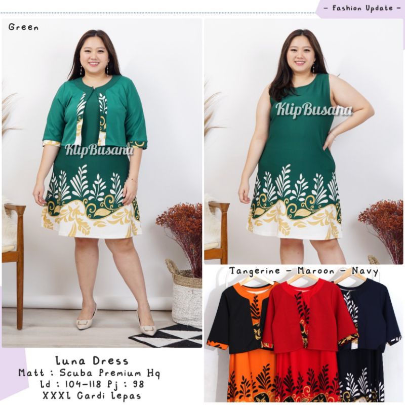Dress Scuba Wanita Jumbo Premium Rompi Motif DaunTunik Jumbo Scuba Wanita Bigsize Oversize - Luna Dr