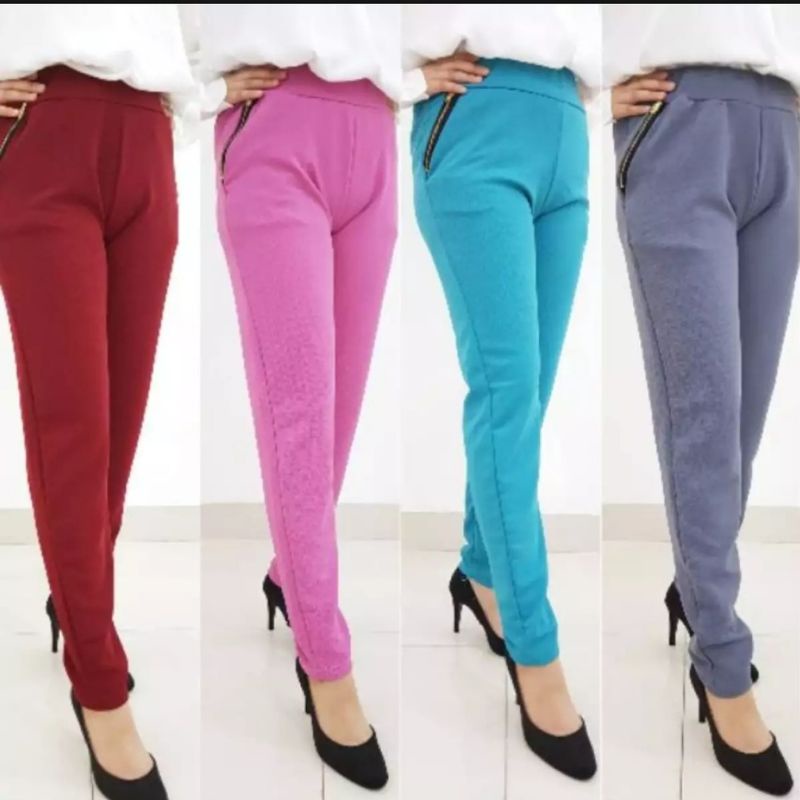Celana Luna Zepper Pants Kantong Resleting Jumbo Bahan Waffle Crepe