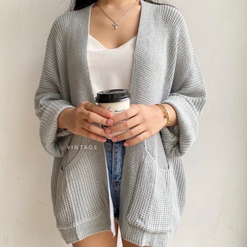 4XL- 5XL Cardigan Rajut Jumbo Premium/ Cardigan Rajut Oversize/ Outer Jumbo Big Size/ Rajut Murah-ABU MUDA