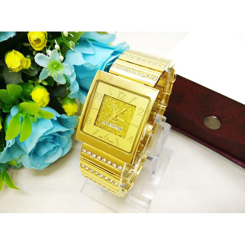 Jam Tangan Wanita / Cewek LV Segi Diamond Rantai Full Gold