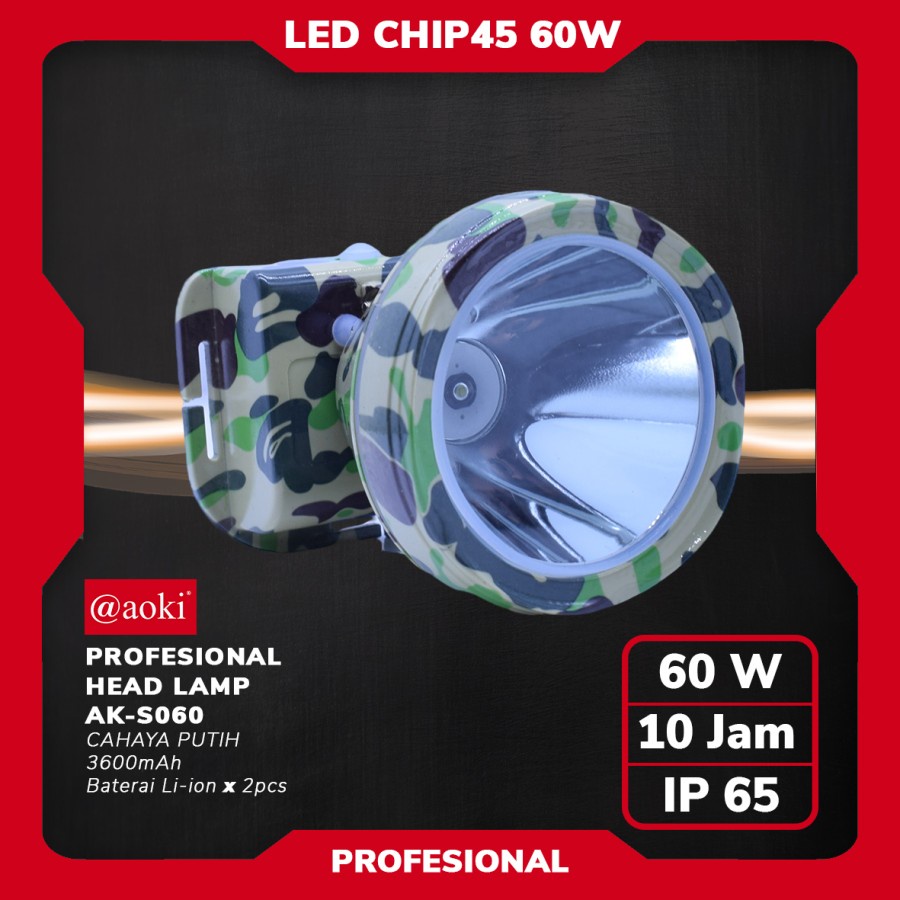 COD SENTER KEPALA PROFESSIONAL HEADLAMP 60 WATT AOKI AK-S060 CAHAYA PUTIH 3600mAh IP68