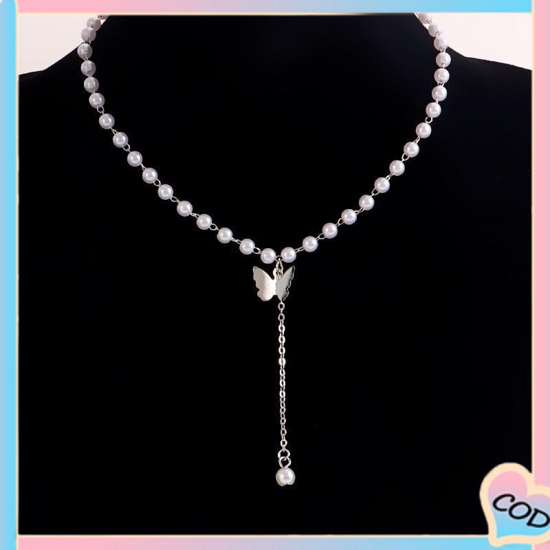 COD❤️ Retro Butterfly Pearl Kalung Lembut Gadis Kecil Cinta Liontin Kalung Rantai Klavikula-A.one