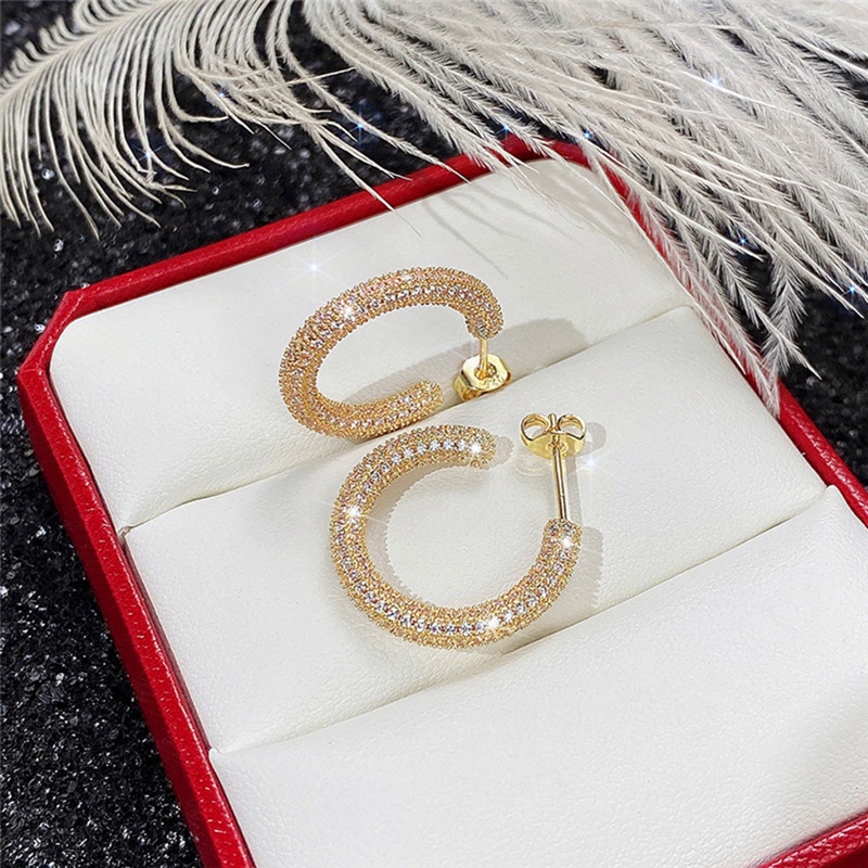 Anting Hoop Cubic Zirconia Bentuk Lingkaran Warna Emas Bling Untuk Wanita