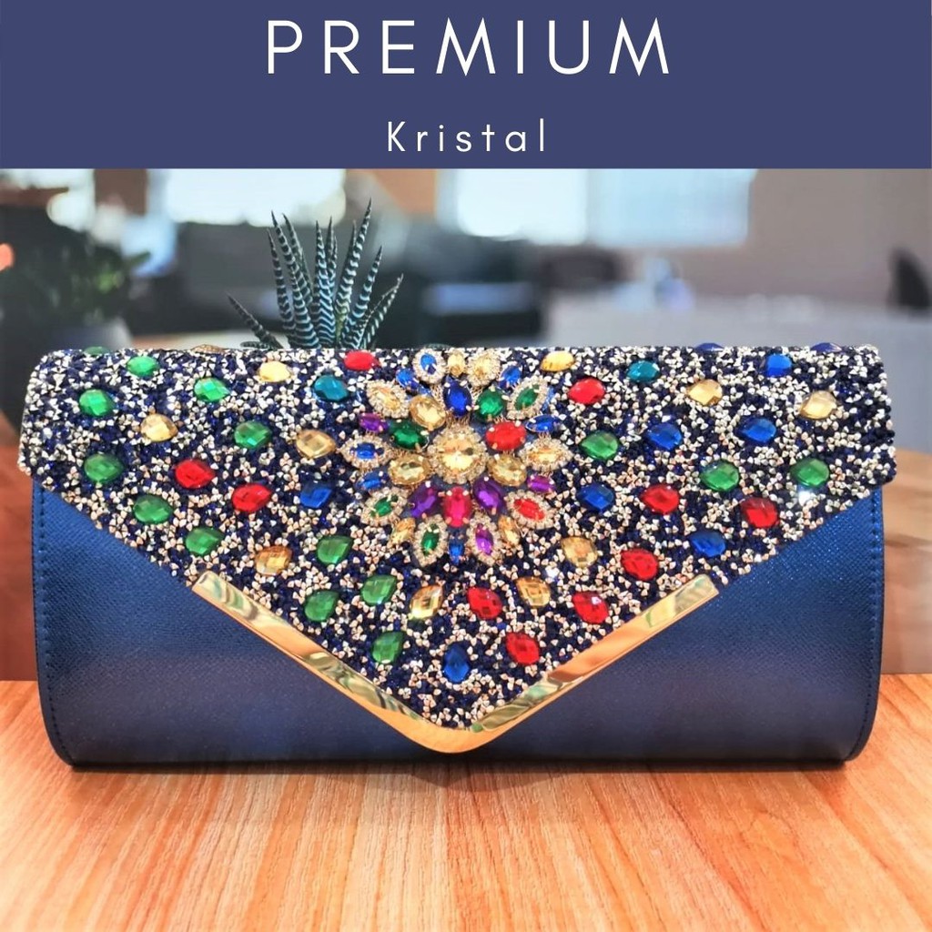 Tas Pesta Clutch Kondangan Wanita Kristal Swarovski Import Mewah Biru 7051064 KLIKSISTA