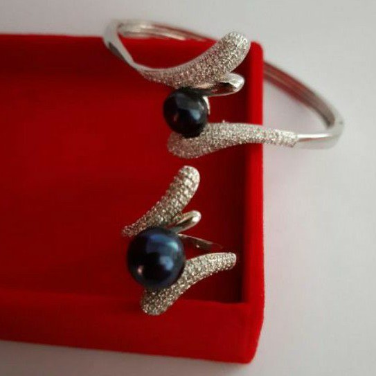 BR#46 SET GELANG CINCIN MUTIARA AIR TAWAR LOMBOK WARNA HITAM