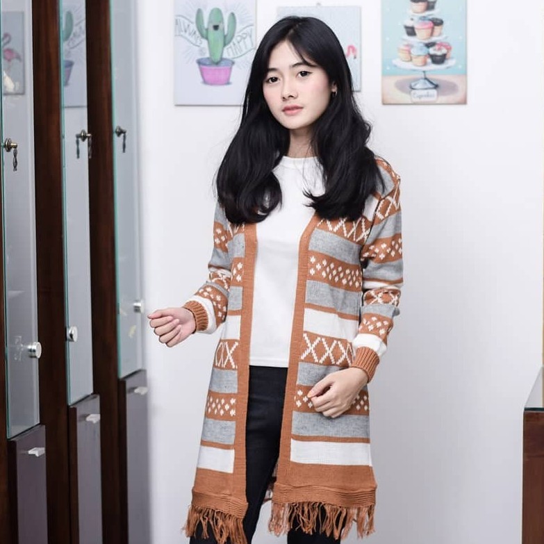 Long Hinata Cardigan Atasan Rajut Wanita Kardigan Rajut Motif Etnik Rumbai Gardigan Rajut Wanita-Coral