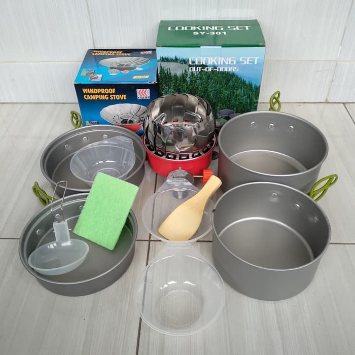 【Bisa COD】 Kompor Portable Windproof &amp; Cooking set 4 Orang + Teko ~ Anti Angin DS SY 300 301