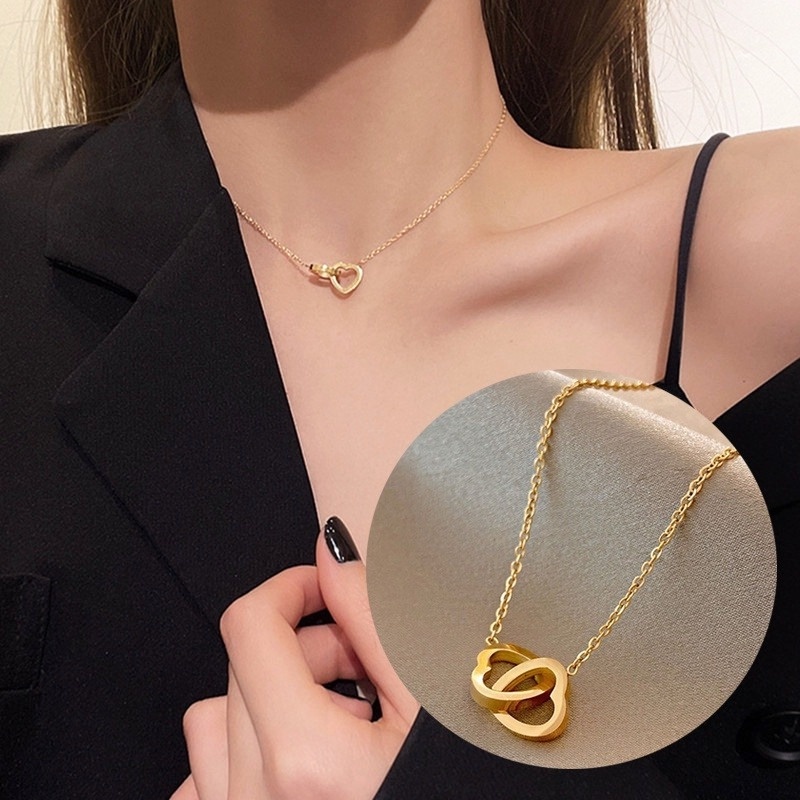 Kalung Choker Liontin Hati Bahan Titanium STAINLESS Steel 18K Gold Hias Berlian Gaya Korea Untuk Wanita