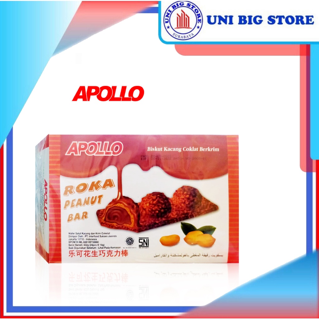 

Apollo Roka Peanut Bar Wafer Salut Kacang Coklat BOX 24 Pcs