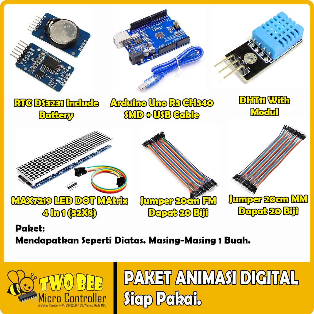 Paket Animasi Digital Siap Pakai || Max7219, RTC DS3231, DHT11, Kabel Jumper