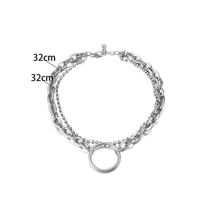 LRC Kalung Fashion Silver Chain Square Diamond Large Circle Multilayer Alloy Necklace F51951