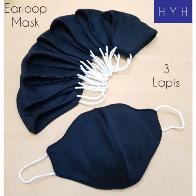 Masker kain 3 ply  earloop 3 ply / MASKER KAIN / masker kain hitam earloop 3 lapis ( dewasa )