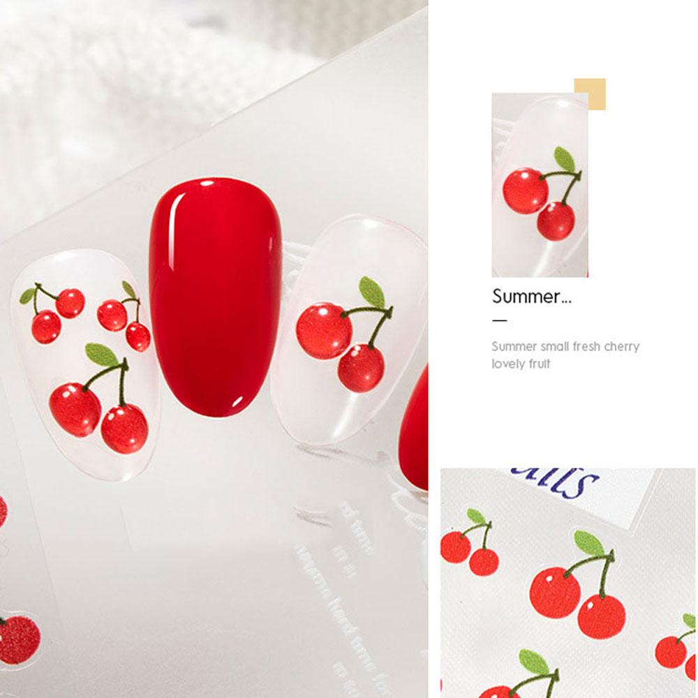 AUGUSTINA Agustin 3D Kuku Stiker Musim Semi Musim Panas Baru Indah Lucu Peach Buah Strawberry 5D Tipis Tangguh Kartun Cherry Manicure Aksesoris Perekat Diri Stiker