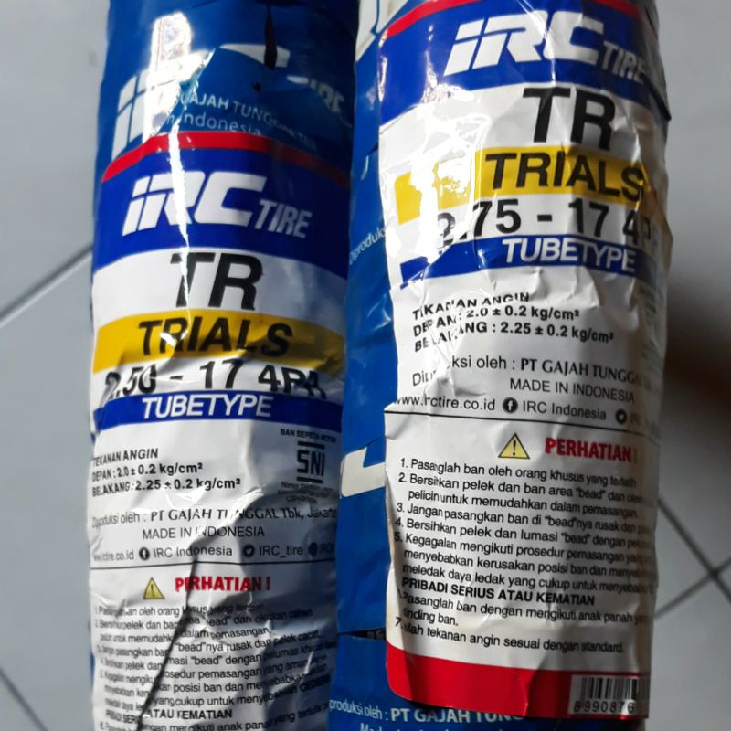 Sepasang Ban Luar Ring 17 IRC TR 250 dan TR 275 tubetype