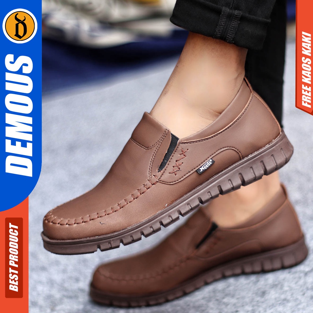 Sepatu Kasual Pria Casual Formal Slip On Kulit Pu Kerja Hitam Coklat Demous Bleno