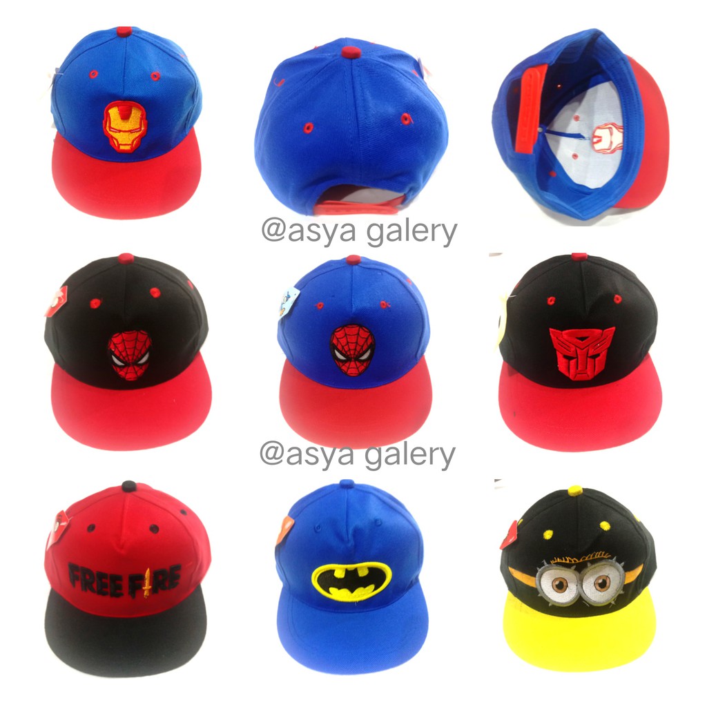 TOPI ANAK SNAPBACK KARAKTER BORDIR BATMAN /TOPI SPIDERMAN/TOPI TRANSFORMER/ TOPI TOPI FREE FIRE