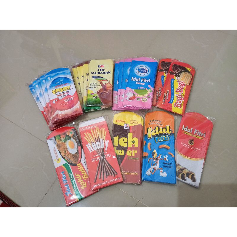 

Amplop THR Karaker, Amplop Lebaran karakter snack, Uang tidak perlu di lipat