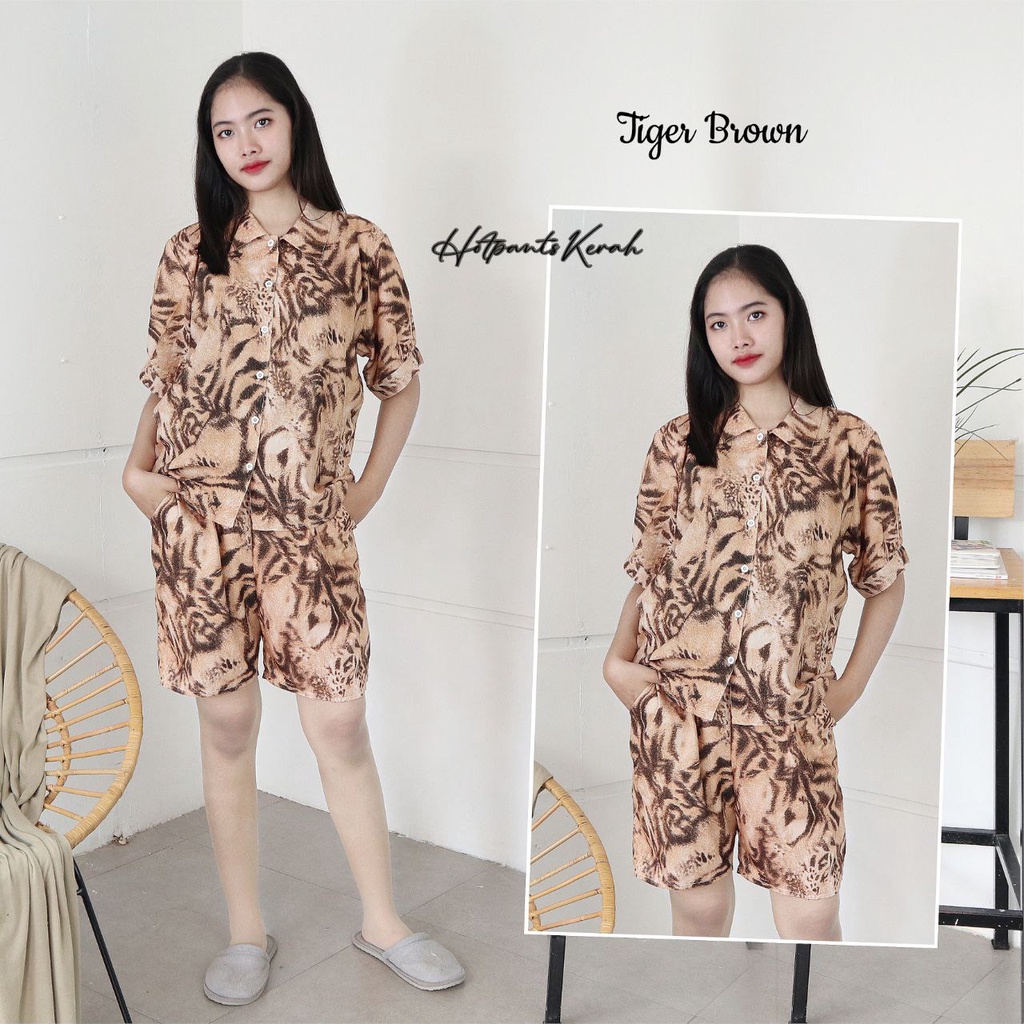 IZANY Piyama Dewasa Hotpant Lengan Balon / HP / Set Celana Pendek Dewasa banyak varian RAYON-TIGER BROWN RA