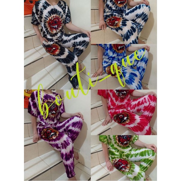 set pakaian wanita ori barong bali belang-belang lengan pendek celana panjang size M dan L
