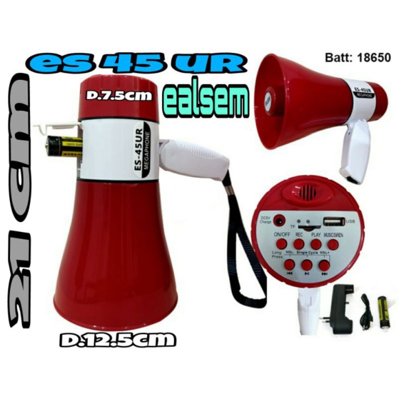 Megaphone toa pengeras suara EALSEM ES-45UR rekam suara,music,sirine, USB,cardmemory baterai 3.7volt