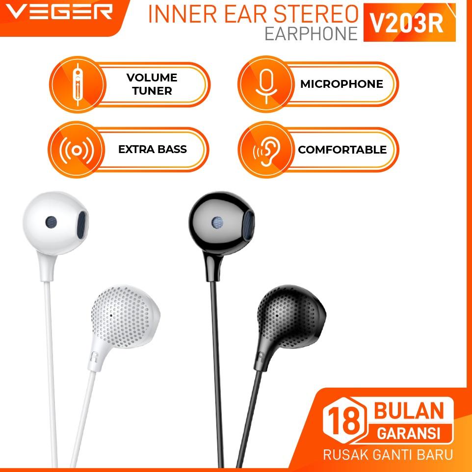 VEGER V203R Wired Earphone 3.5mm With Microphone Clear Sound Infinite Bass Handsfree "UG.21Jl22ᵛ"