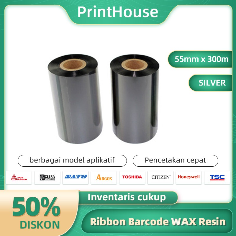 

Ribbon Wax Resin55MM x 300M RIBBON BARCODE WAX RESIN / TRANSFER RIBBON / Ribbon Wax Resin SILVER