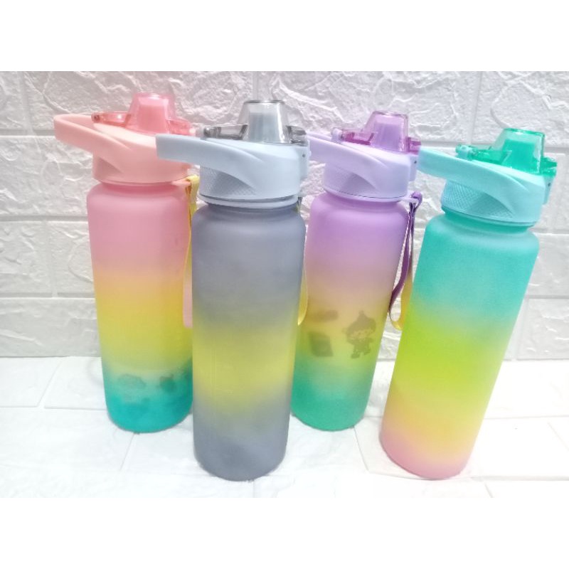 Botol Minum VIRAL Motivasi Tritan 1L QuiFit Transparan Gradasi Rainbow Pastel Free Sticker