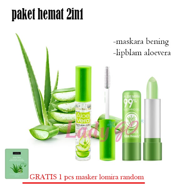 NEW - PAKET HEMAT 2IN1 - MASCARA NATURAL GEL BENING PLUS LIPBALM ALOEVERA 99 GRATISS 1 PCS MASKER LOMIRA