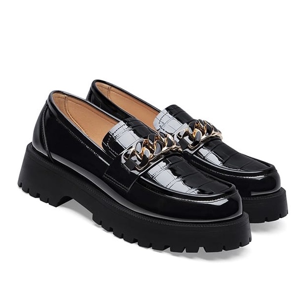 Sepatu Wanita Loafer Docmart / Sepatu Croco Rantai Black And White Glosy CLARISA  013