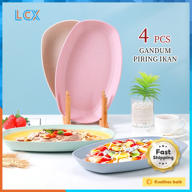 LCX 4IN1 Piring Jerami Gandum Set Piring Bentuk Oval Kotak Mix Warna Isi 4 Pcs Lonjong Dinner Plate