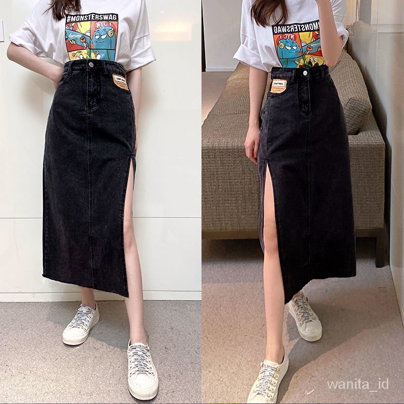 【wanita.id】rok jeans panjang korean style skirt midi rok denim panjang rok belah samping rok daily rok sepan sma rok model a jumbo