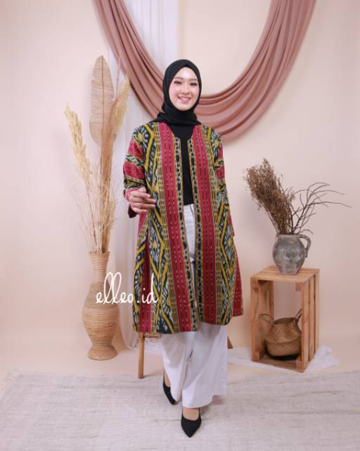 ELLEO TANAKA LONG OUTER TENUN BLAZER CARDIGAN RED