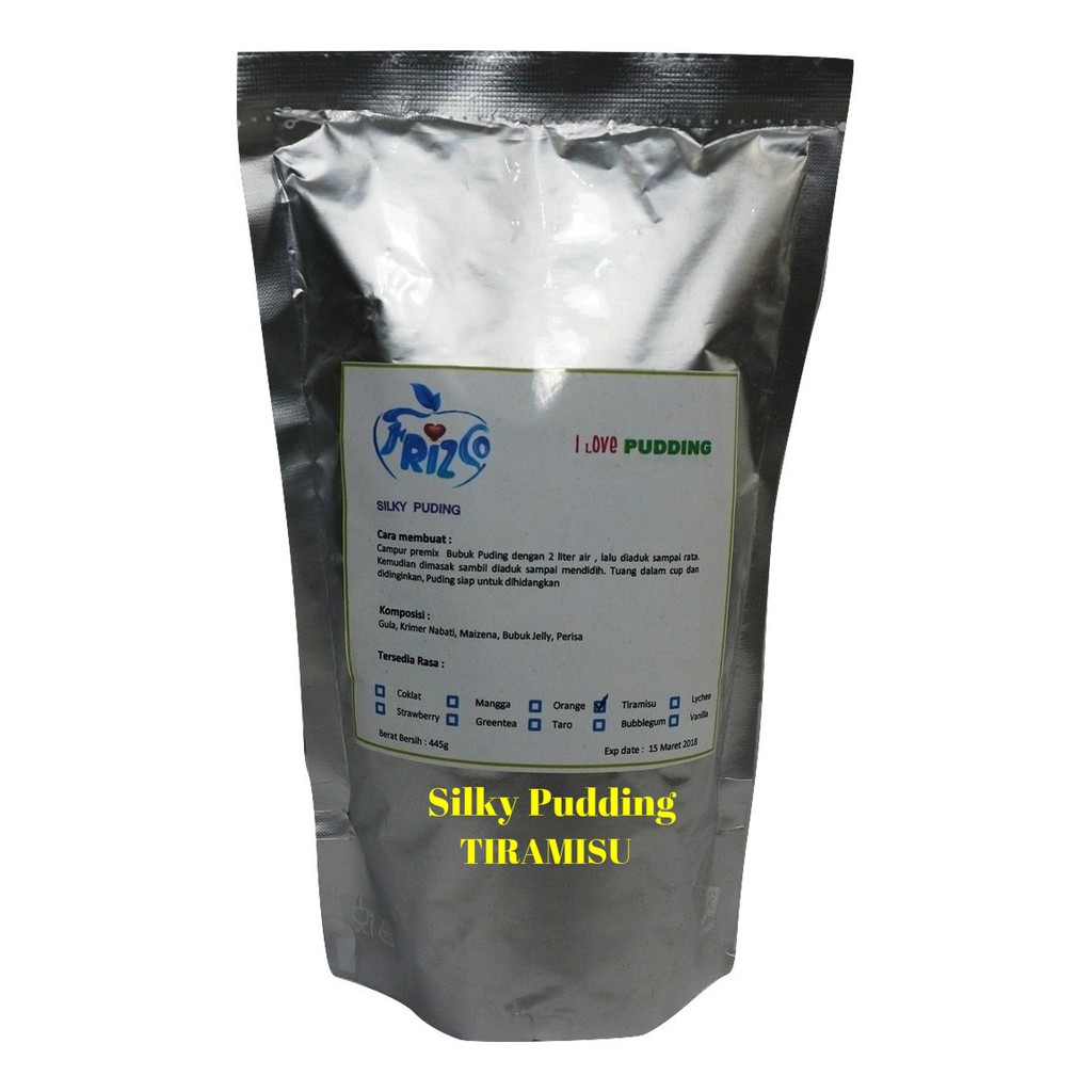 

Bahan FRIZCO SILKY PUDDING TIRAMISU 445gr Premix Instant bubuk tepung serbuk Powder Podeng Puding Sutera