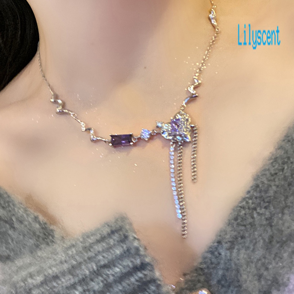 Lily Kalung Rantai Alloy Adjustable Hias Zirkon Ungu Untuk Wanita