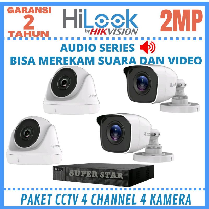 PAKET CCTV HILOOK 2MP 4 CHANNEL 4 KAMERA AUDIO BISA MEREKAM SUARA &amp;VIDEO KOMPLIT BISA ONLINE DI HP