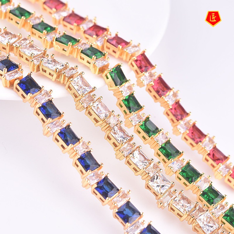 [Ready Stock]New Inlaid Colored Gem Square Diamond Bracelet 18K Gold