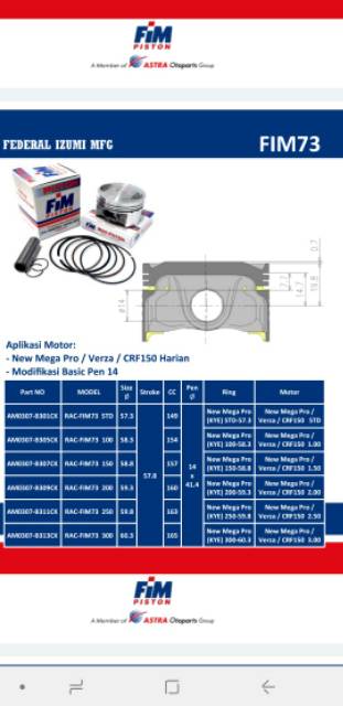 Piston seher kit set crf 150 l verza mega pro new os std 50 100 150 200 250 300 fim 73-2