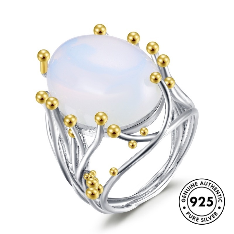 Cincin Batu Bulan Bahan 925 Sterling Silver Lapis Emas