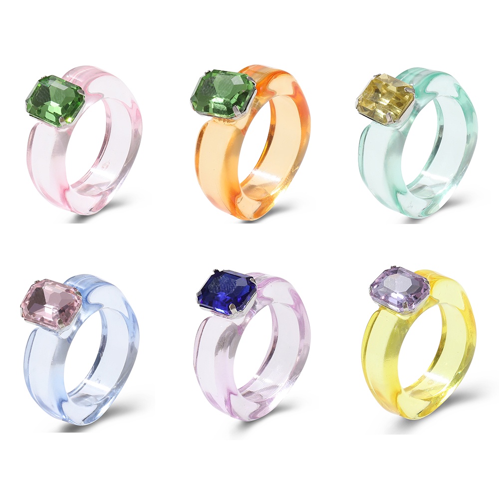 YEEZII Korean Colorful Transparent Rings Acrylic Square Rhinestone Fashion Finger Ring Women Jewelry Accessories