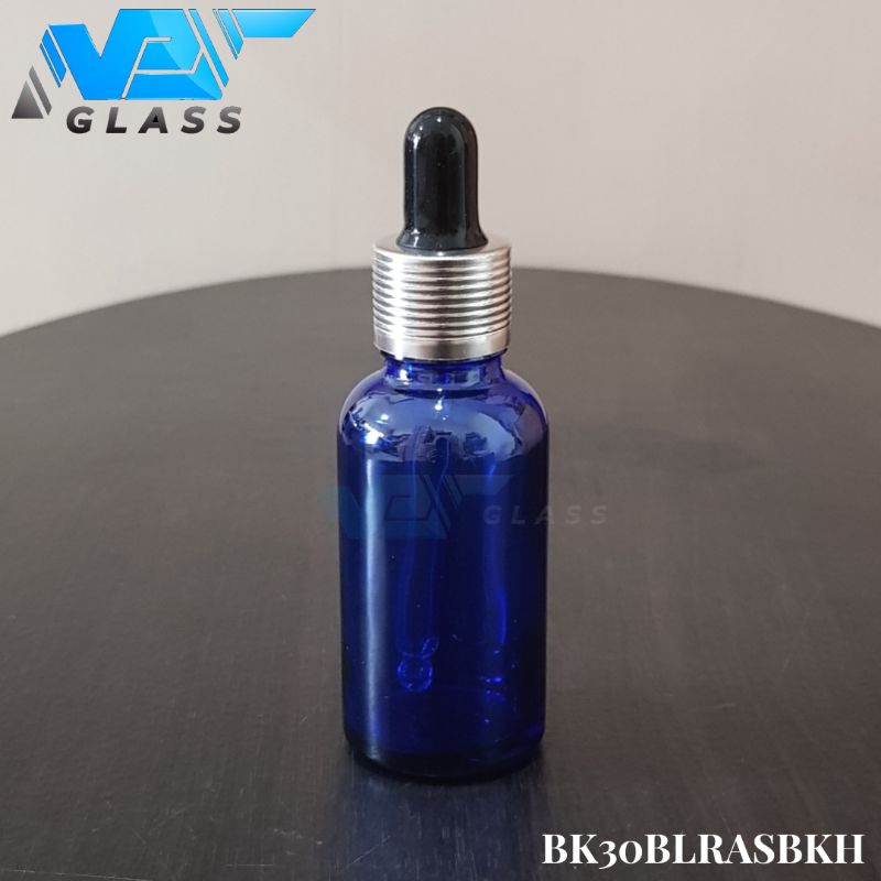 botol kaca pipet 30ml biru tebal - ring almunium silver bergaris