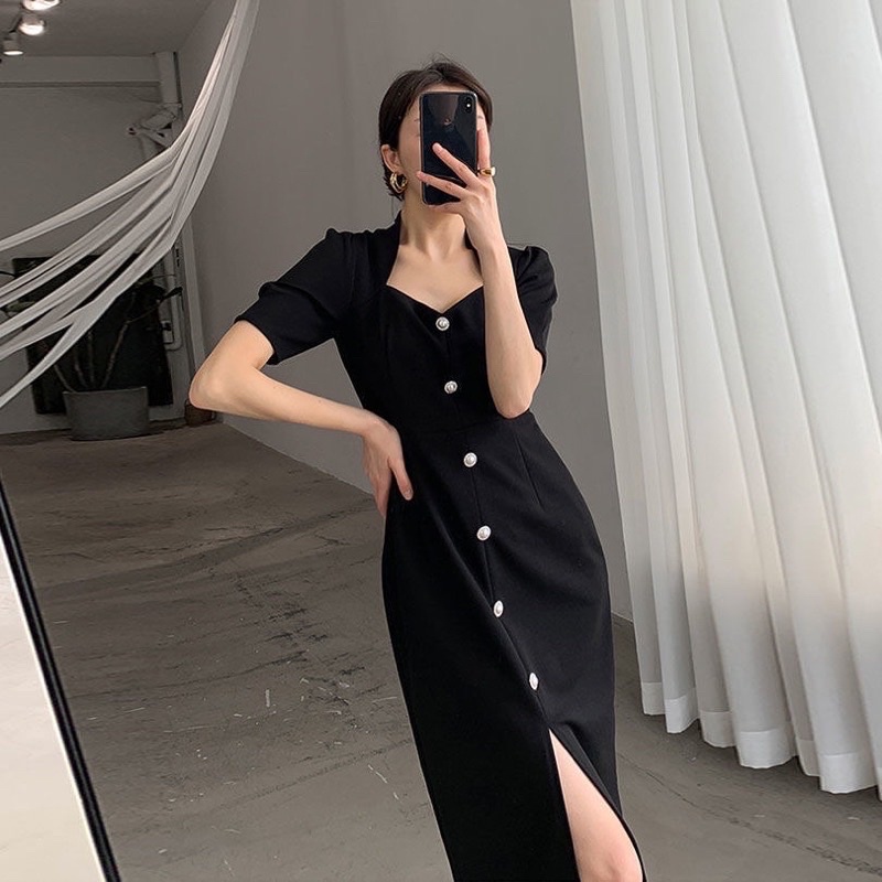 Revvy slit dress pesta korean midi black dress wanita casual formal elegant